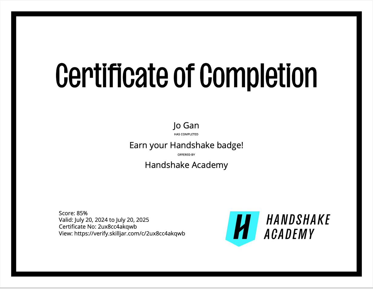 HandShake Reporting and Analytics certificate