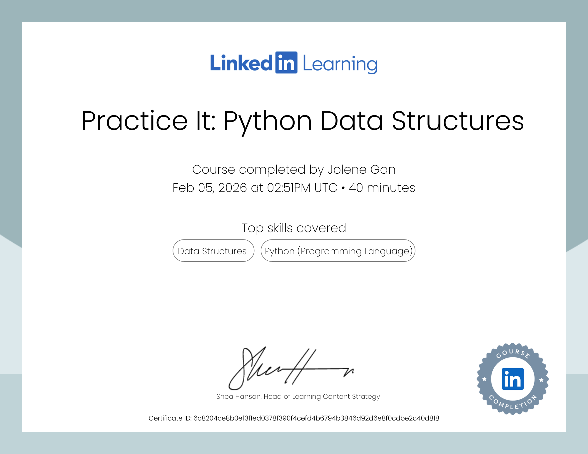 Practice It: Python Data Structures - LinkedIn Learning certificate