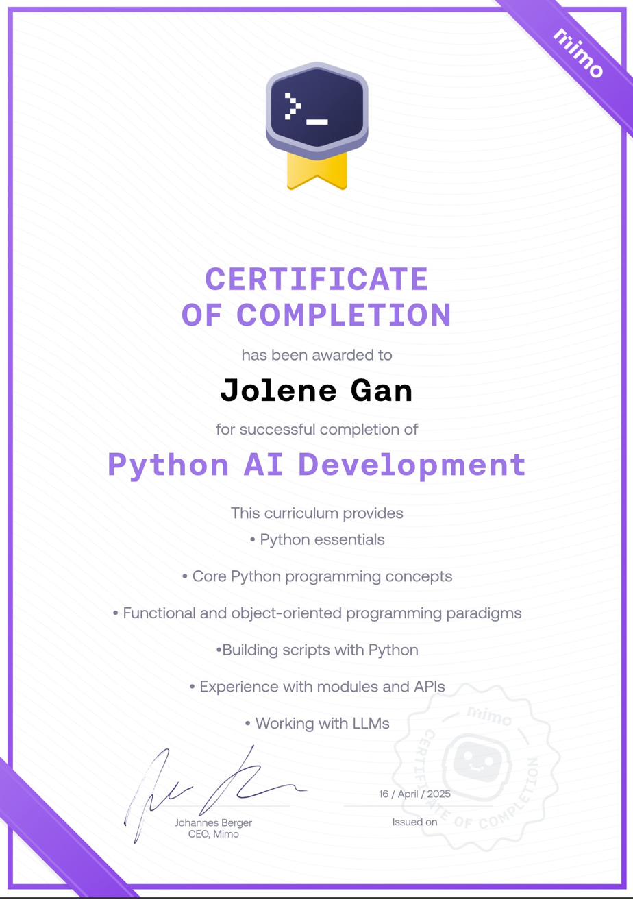 Mimo Python AI Development certificate